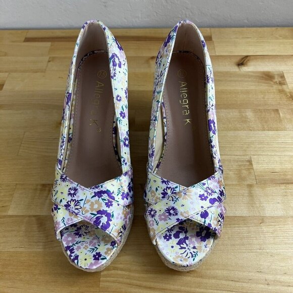 Allegra K White Purple Floral Peep Toe Platform Pumps Wedge Sandals Size 7.5 - Picture 3 of 11